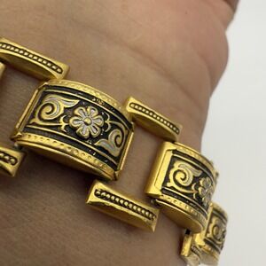 Vtg Damascene Box Chain Bracelet Gold Plated‎ Inlay  Panel Spanish Toledo